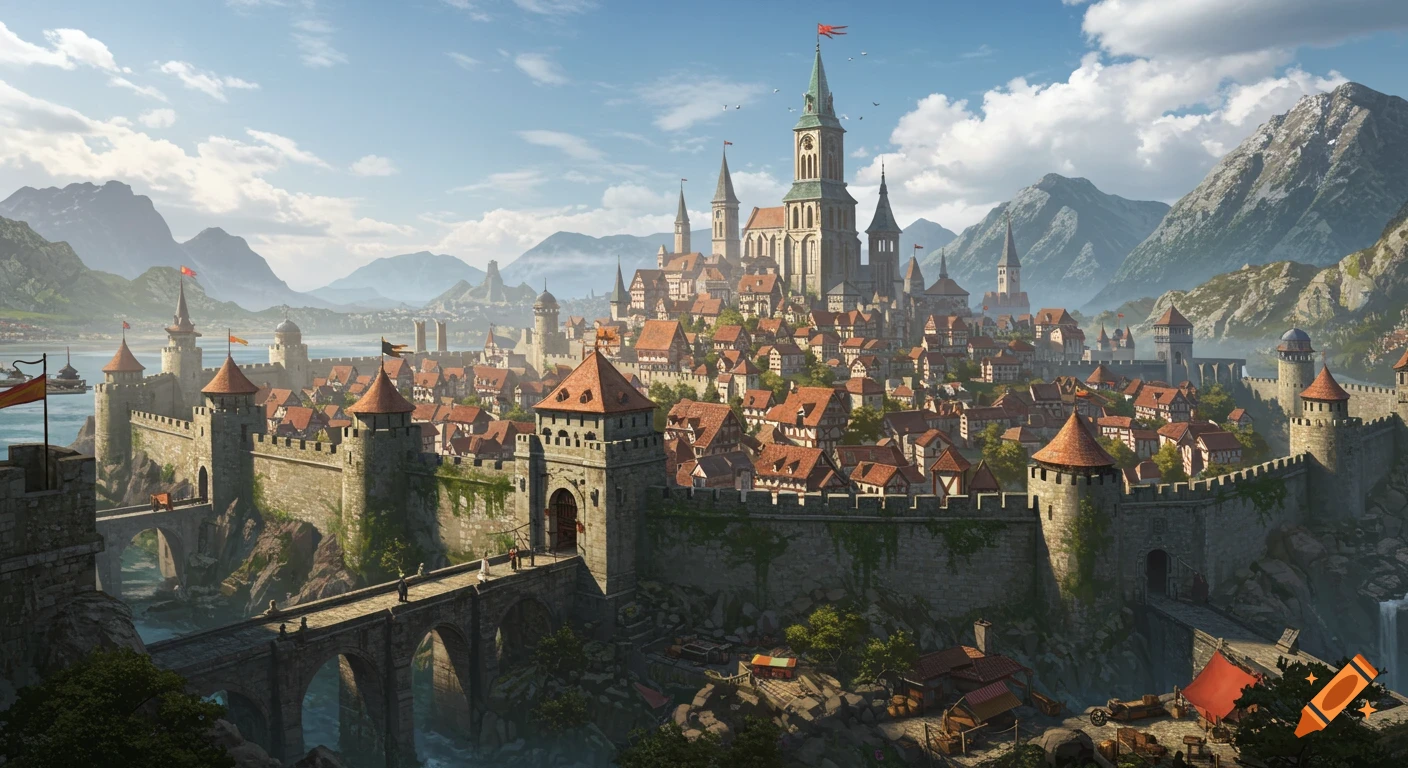 A panoramic view of a fortified medieval fantasy city built into mountains overlooking water, under a blue sky.