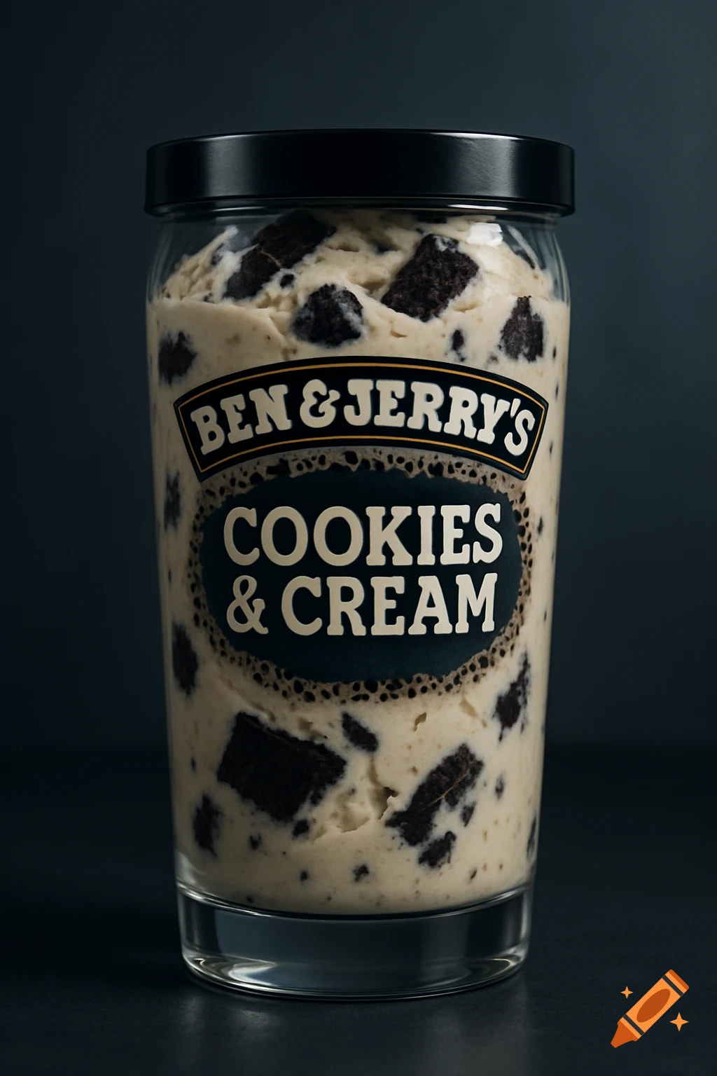 A glass jar of Ben & Jerry's Cookies & Cream ice cream, filled with white cream and dark cookie chunks, sits on a dark surface.