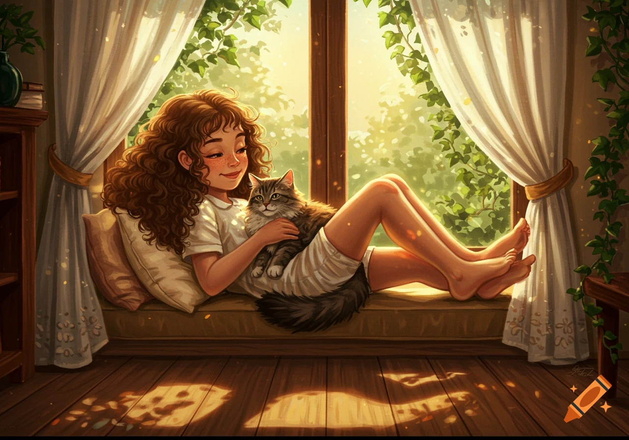 An illustration of a girl with curly brown hair lying on a window seat, cuddling a fluffy cat in warm sunlight.