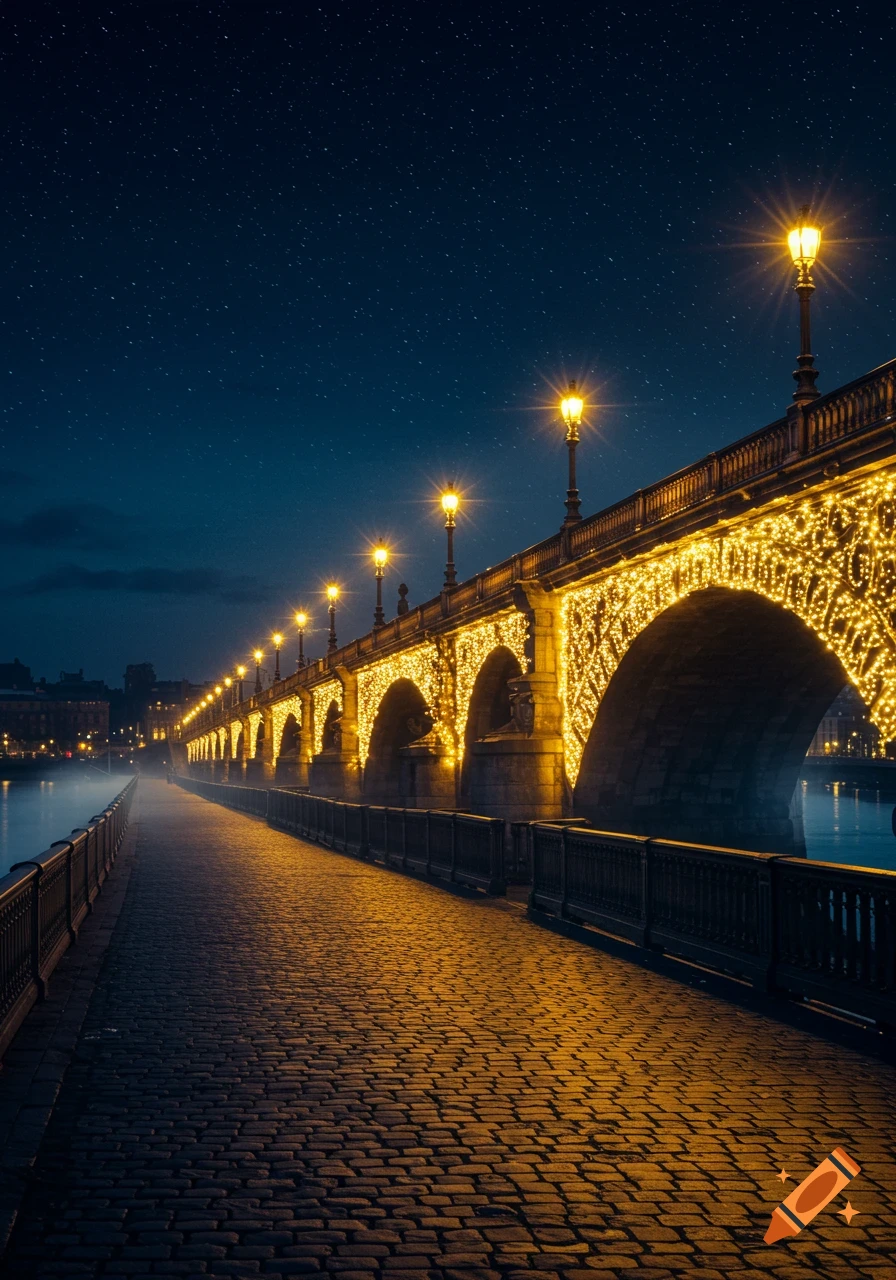 A photorealistic image of an arched stone bridge at night, lit by rows of golden string lights and bright lampposts, with a cobblestone path.
