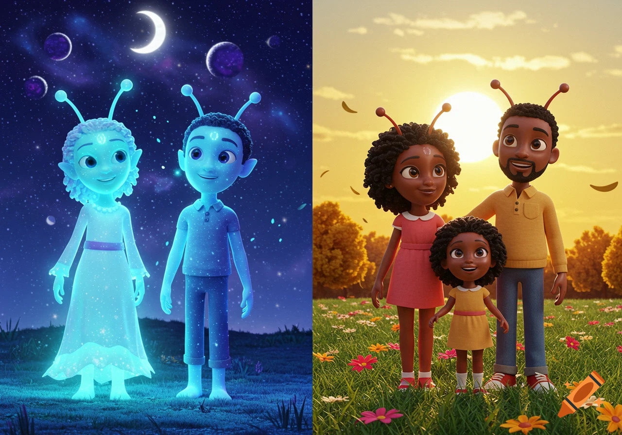 A split 3D cartoon image: left shows two glowing blue alien children in space; right shows a Black family with antennae in a sunny field.