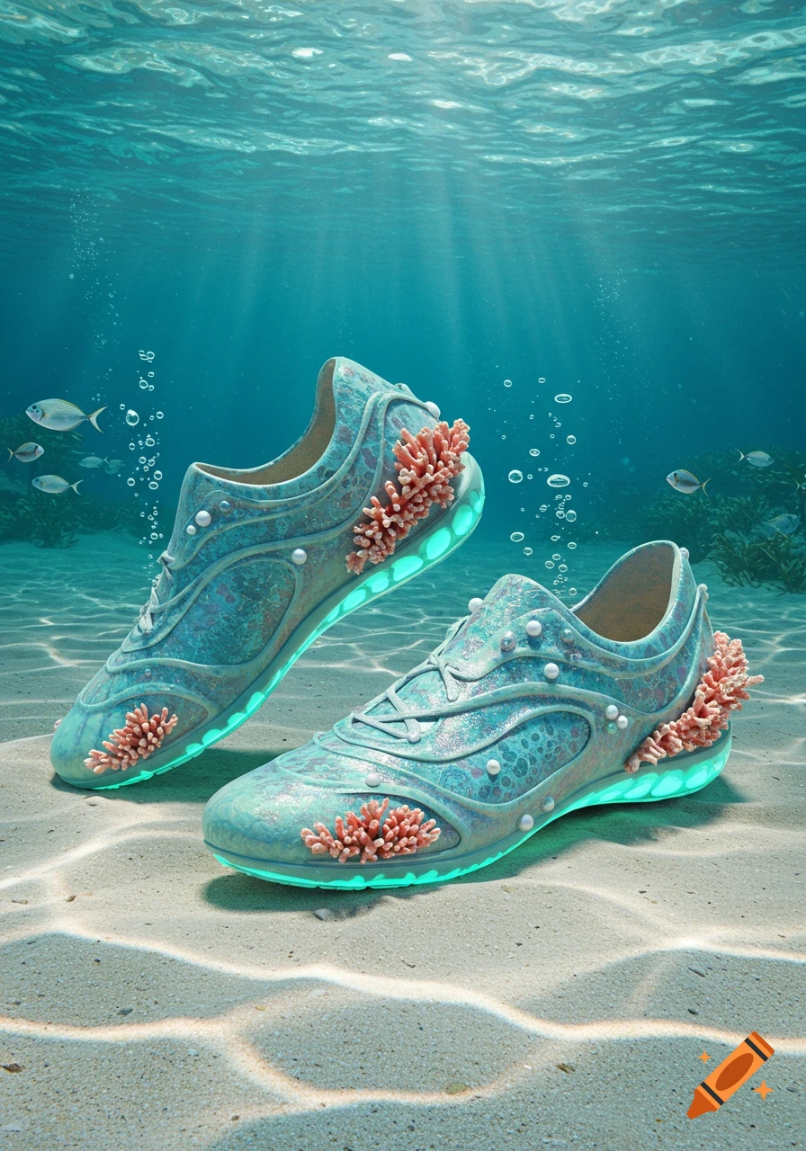 Two ornate teal shoes with coral details and glowing soles rest on a sandy ocean floor, with light rays in clear blue water.