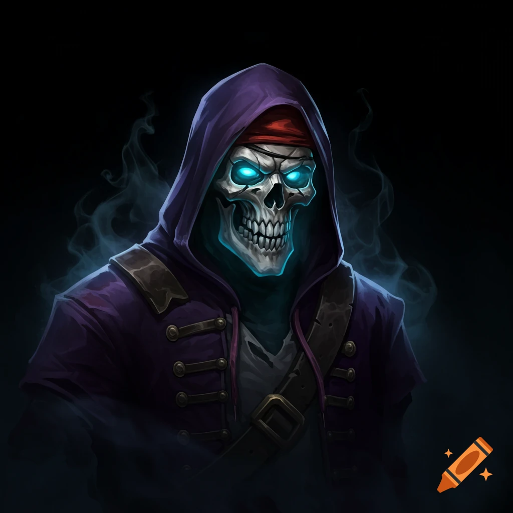 Close-up of a stylized pirate ghost with glowing blue eyes, a red bandana, and a dark purple hooded coat, against a dark background.