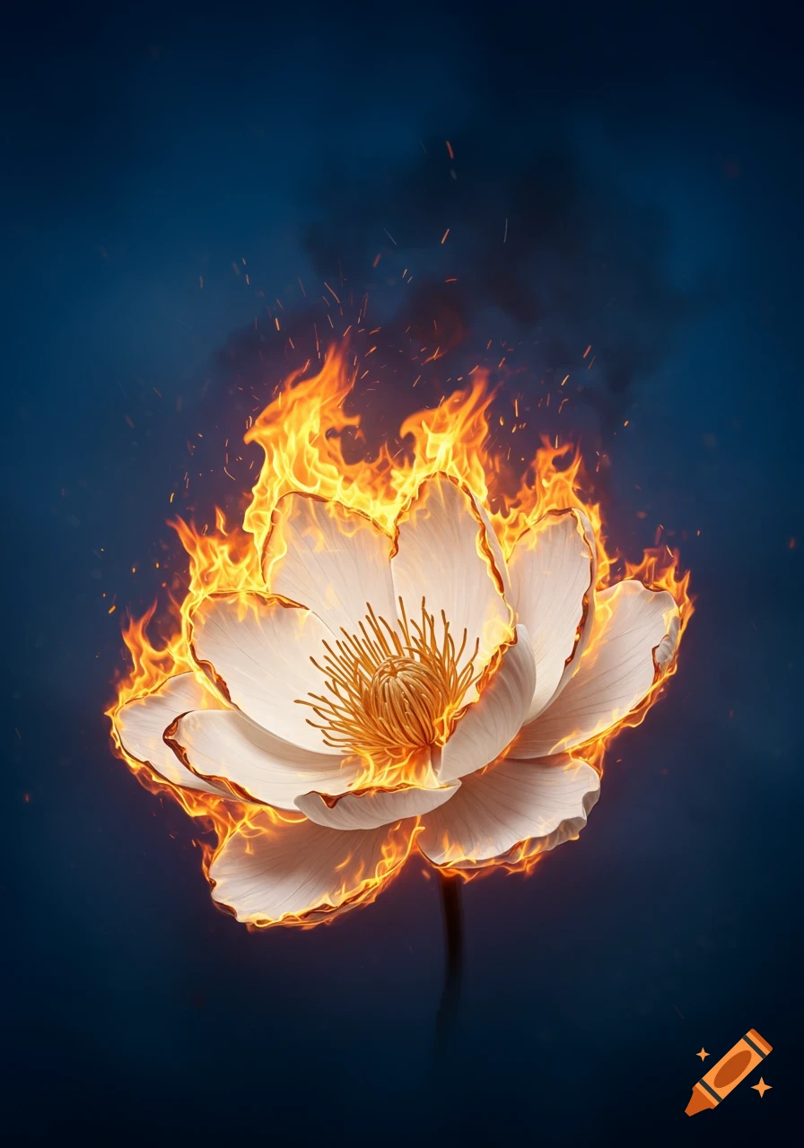 A photorealistic white flower burning with orange flames against a deep blue background.