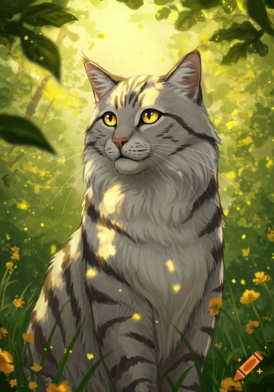 A fluffy gray tabby cat with yellow eyes sits amidst green foliage and yellow flowers in a sunlit forest, looking left.