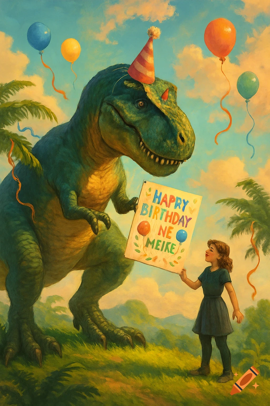 A large green dinosaur in a party hat and a girl hold a 'Happy Birthday' sign with balloons in a lush, painterly landscape.