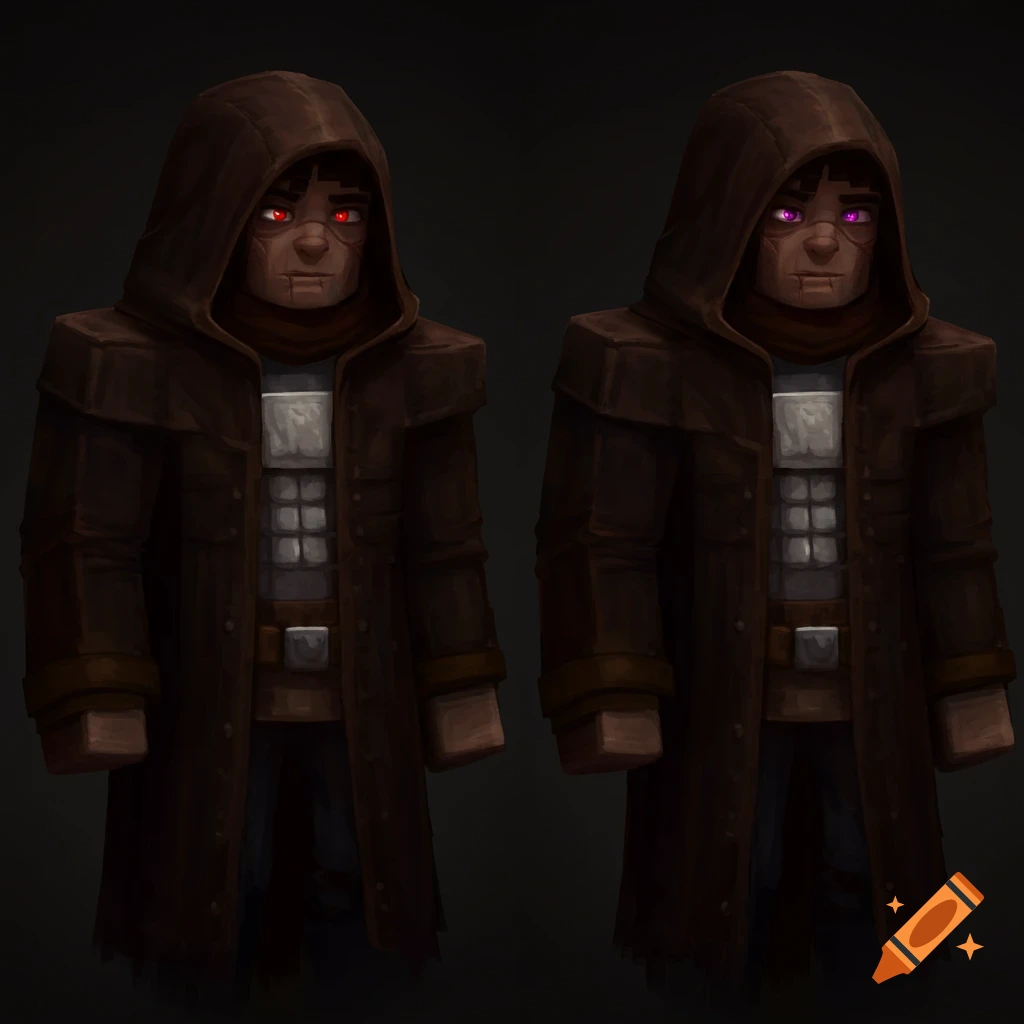 Two Minecraft-style characters in dark hooded cloaks and silver armor, one with red eyes and one with purple eyes, on a dark background.
