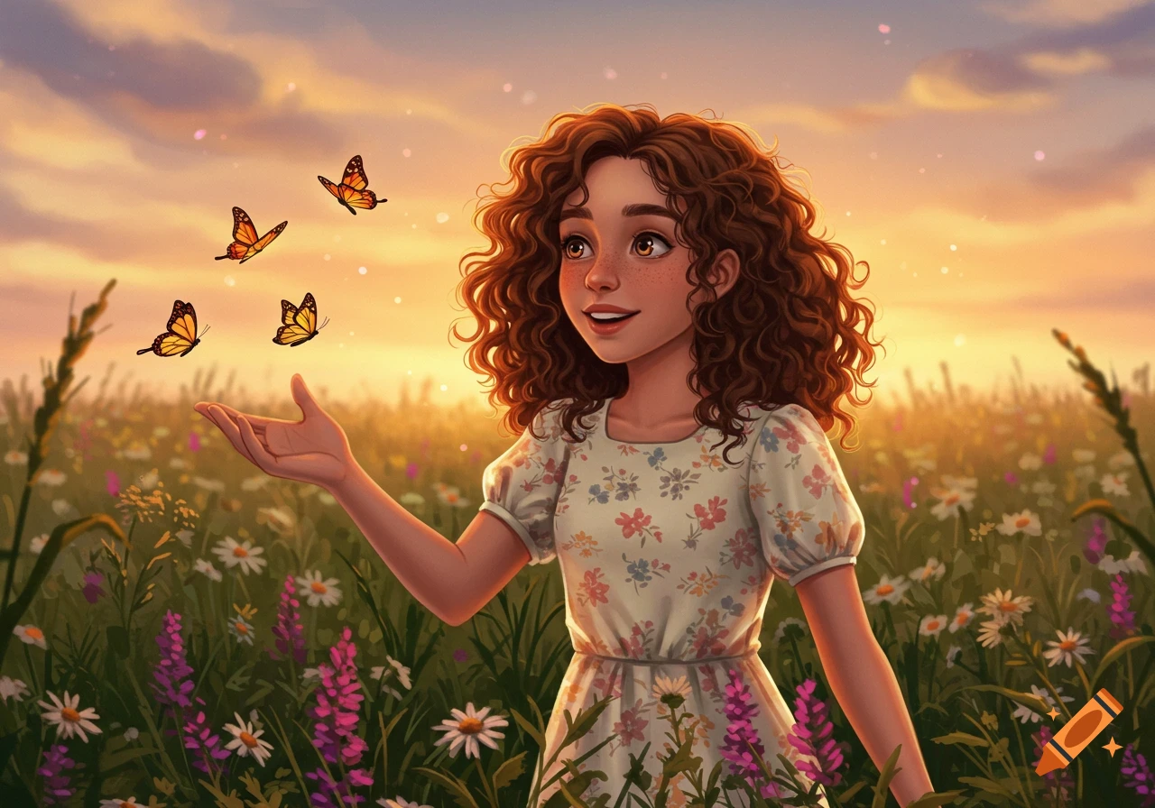 Digital illustration of a smiling girl with curly hair reaching for butterflies in a wildflower field at sunset.