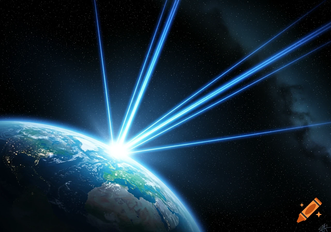View of Earth from space with bright blue light beams emanating from the horizon.