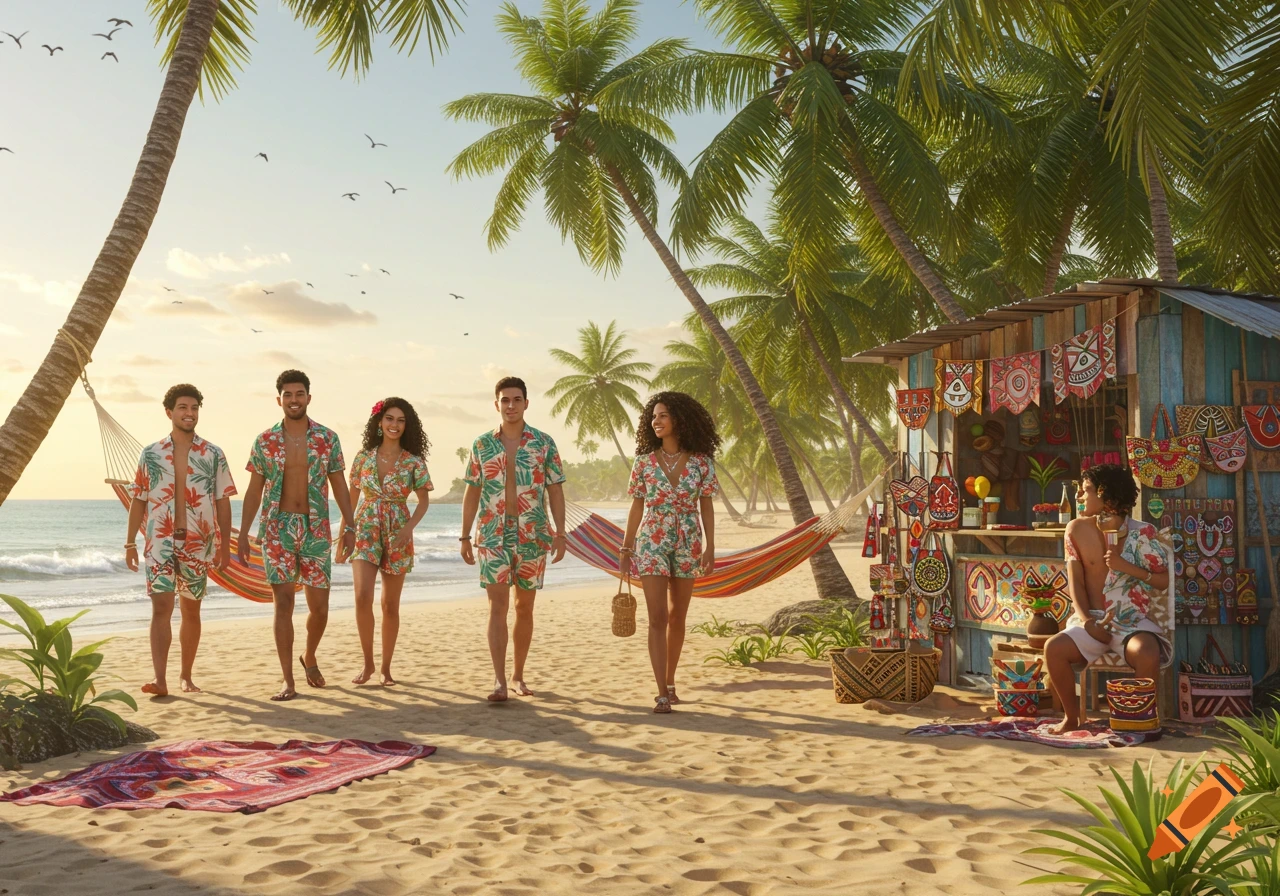 A group of people in colorful tropical outfits walk along a sunny beach with palm trees and a vibrant market stall.