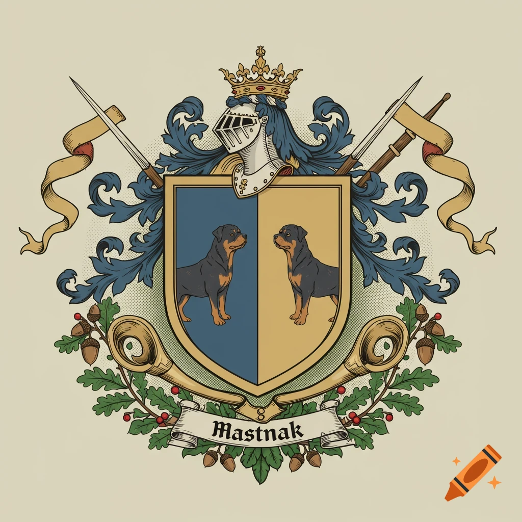 Illustrated family crest with two Rottweilers, a knight helmet, oak leaves, and a banner with 'Mastnak'.