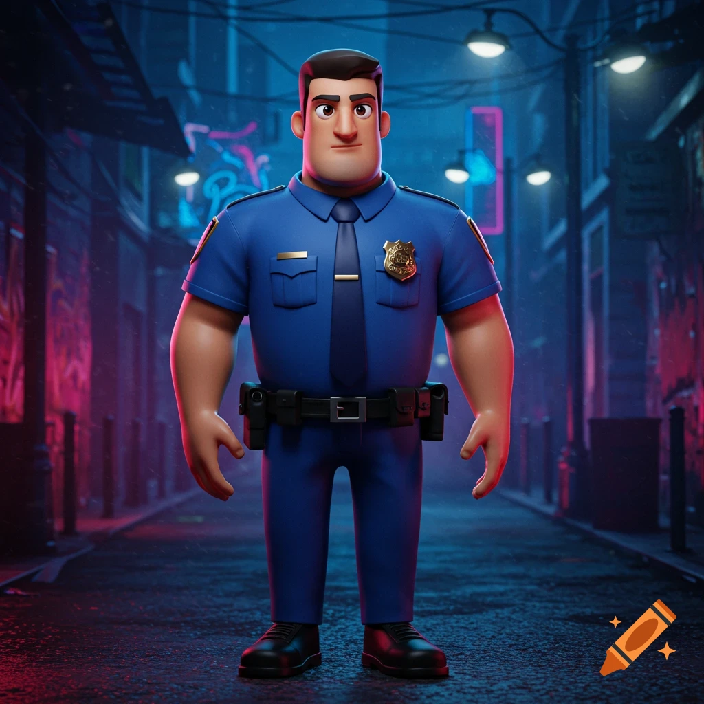 A 3D animated cartoon police officer in a blue uniform stands in a neon-lit alleyway.