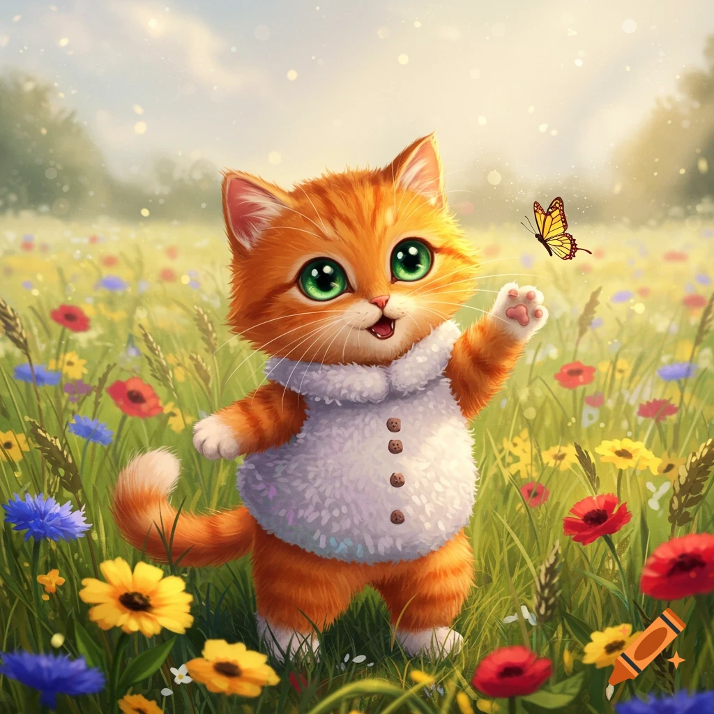 A cute, orange cartoon cat with big green eyes, wearing a white fuzzy vest, standing in a sunny meadow filled with colorful wildflowers, reaching for a butterfly.