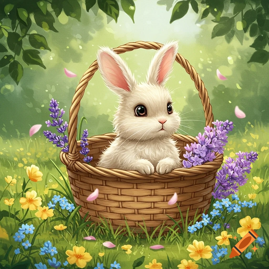 A fluffy white bunny with large eyes sits in a woven basket, surrounded by purple and yellow flowers in a lush green field.