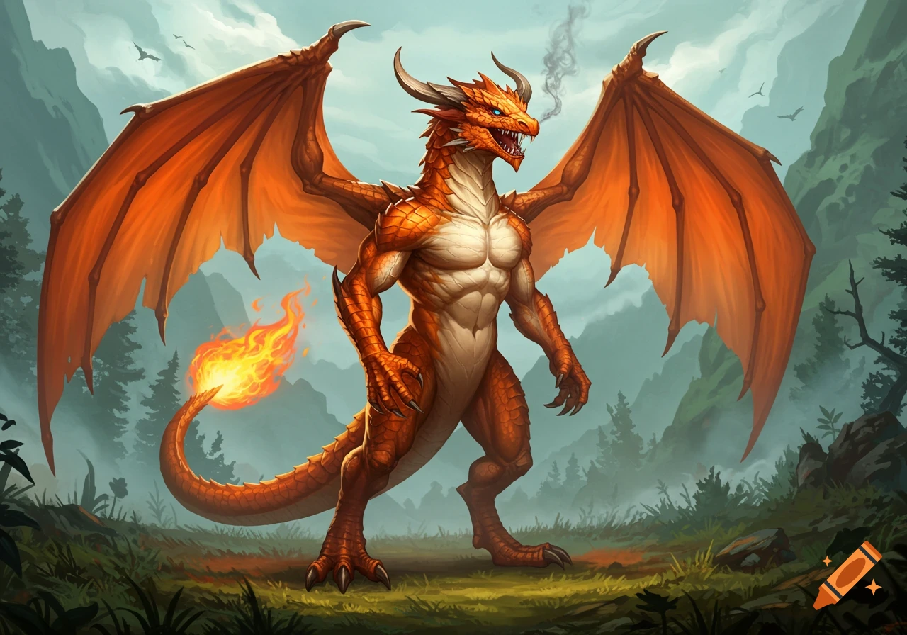 A large, muscular orange dragon with spread wings, a cream-colored belly, blue eyes, and a flaming tail stands in a green forest.