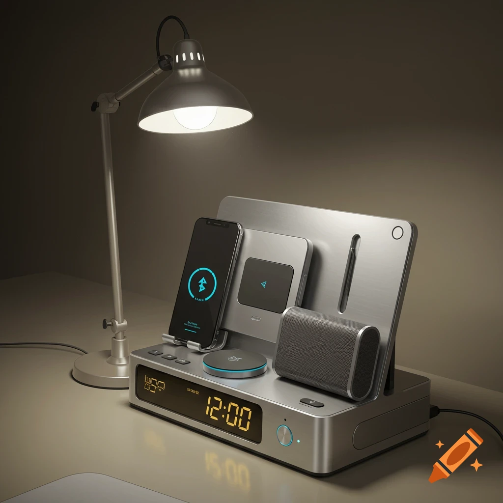 A modern, silver smart desk organizer hub with a phone charger, digital clock, Bluetooth speaker, and LED lamp on a desk.