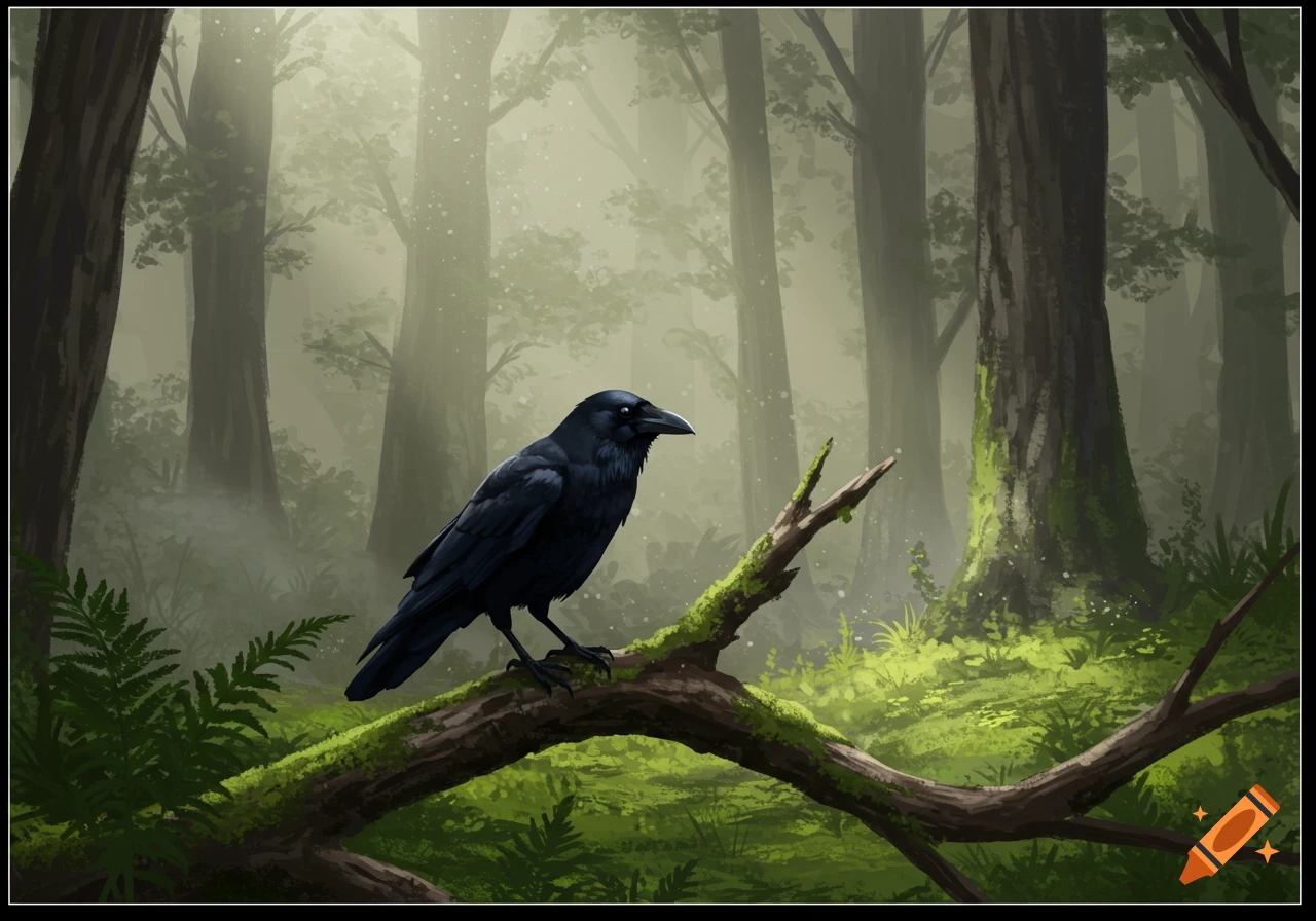 A black crow perched on a mossy branch in a misty, green forest, digital painting style.