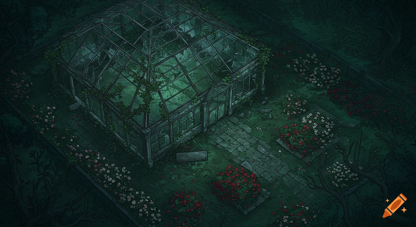 A top-down D&D battlemap of a desolate, overgrown greenhouse surrounded by blooming rose bushes in a dark, illustrated style.