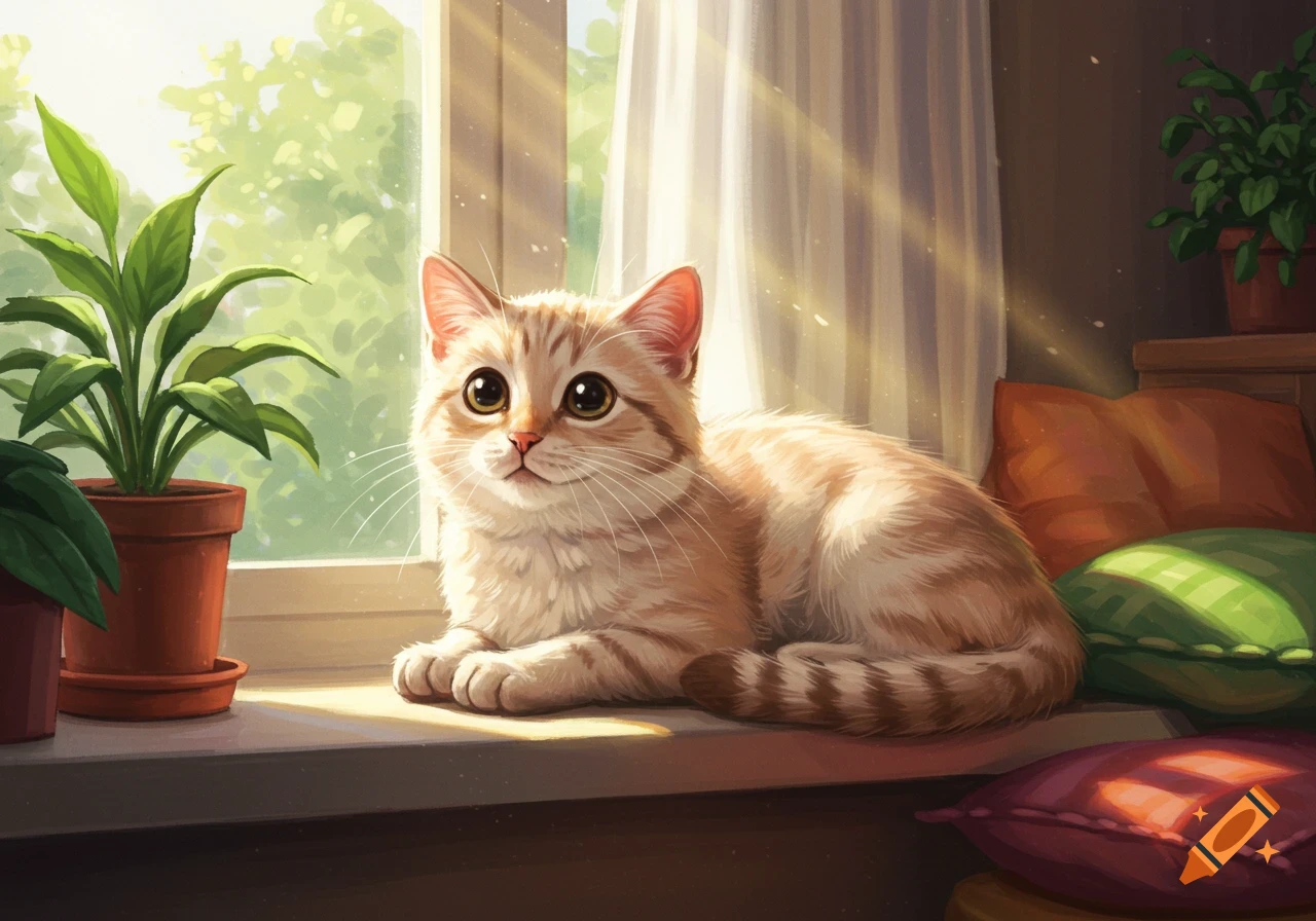 A cute striped cat with big eyes lies on a sunny windowsill next to green potted plants, depicted in an illustration.