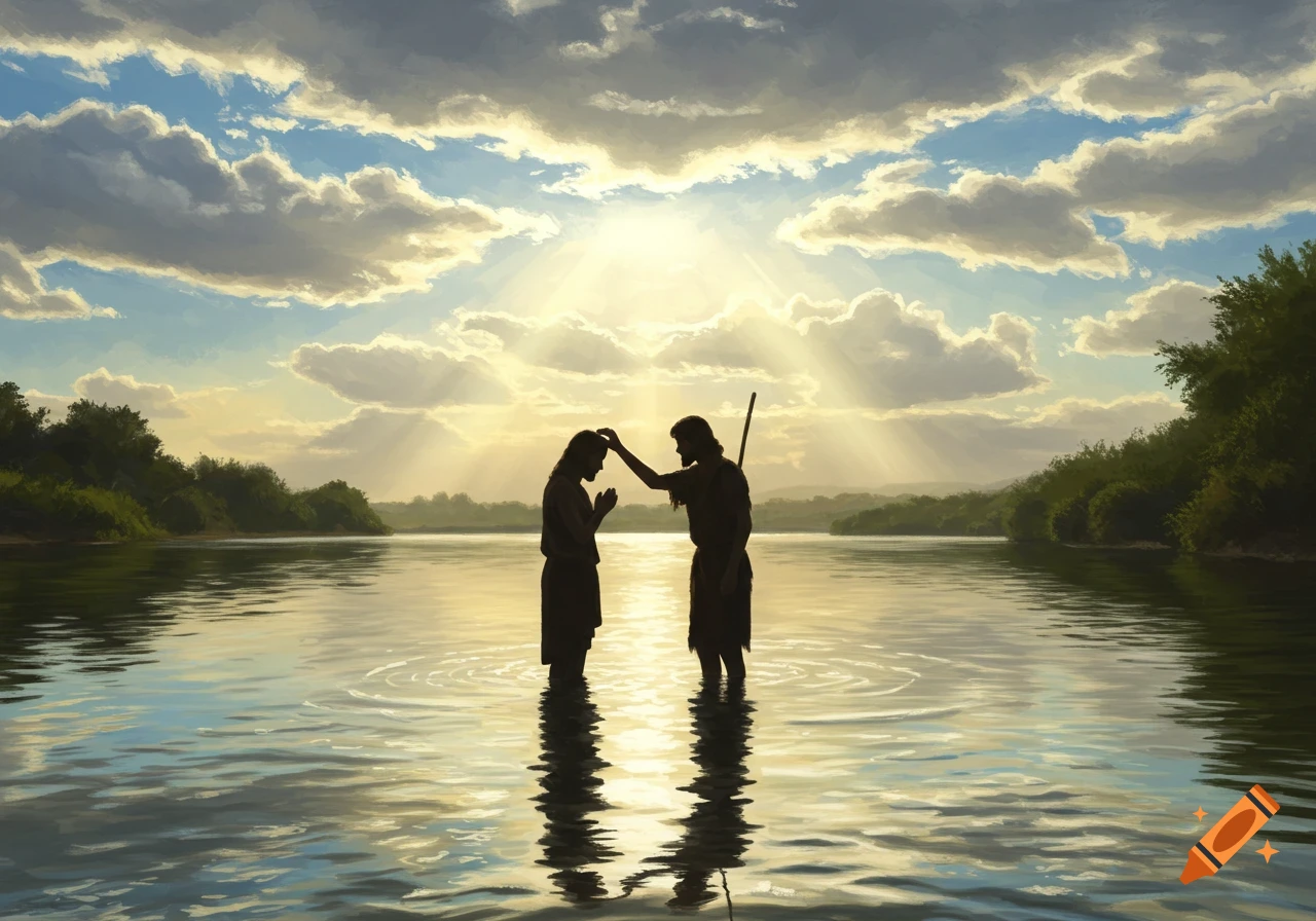 Painterly silhouette of John the Baptist baptizing Jesus in a river, with sunbeams breaking through clouds.