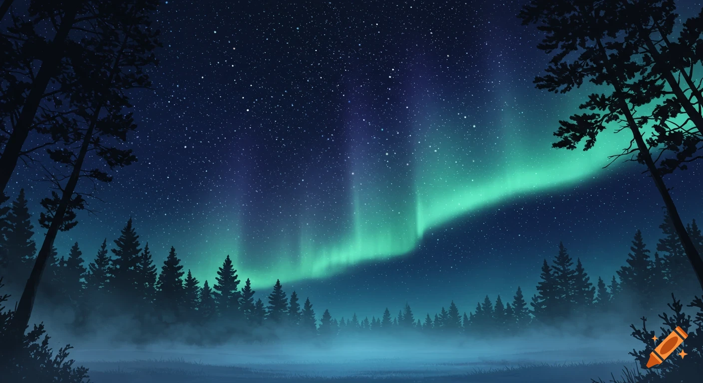 A stylized illustration of a forest at night with a starry sky and bright green aurora borealis.