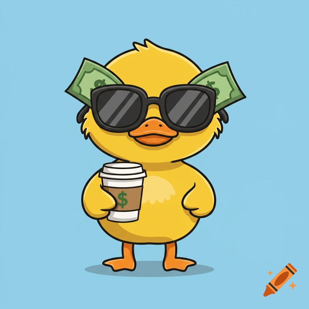 A cute cartoon duckling wearing sunglasses, with dollar bills tucked under them, holding a coffee cup with a dollar sign.