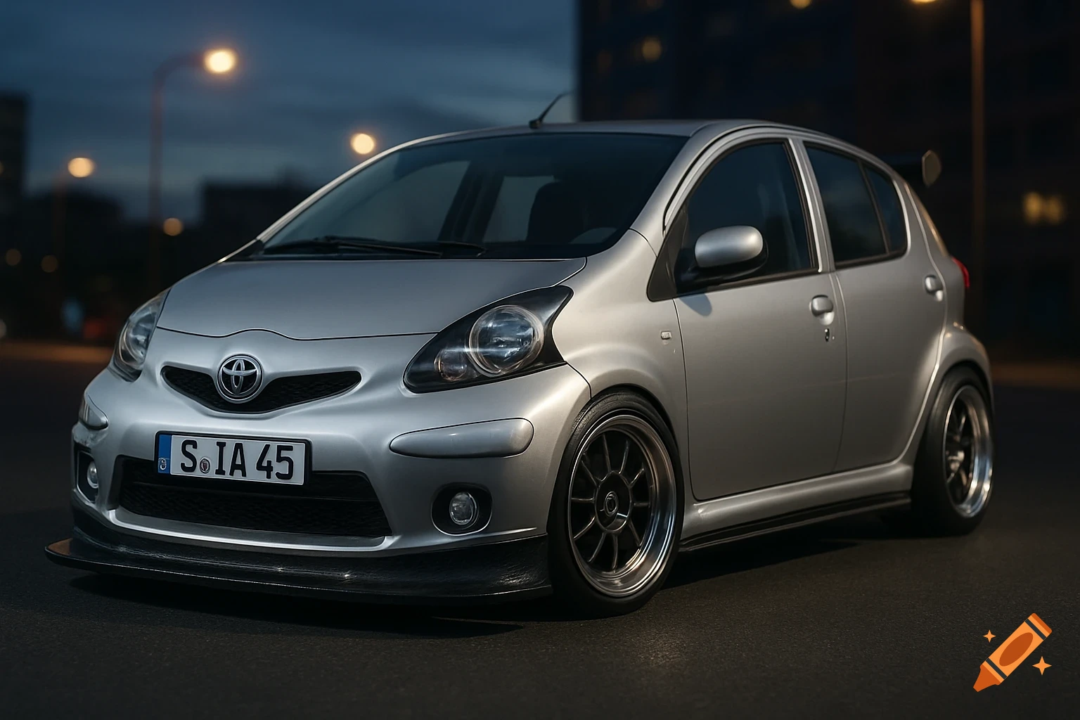 Photorealistic silver Toyota Aygo with racing components and custom spoiler, parked on a street at dusk.
