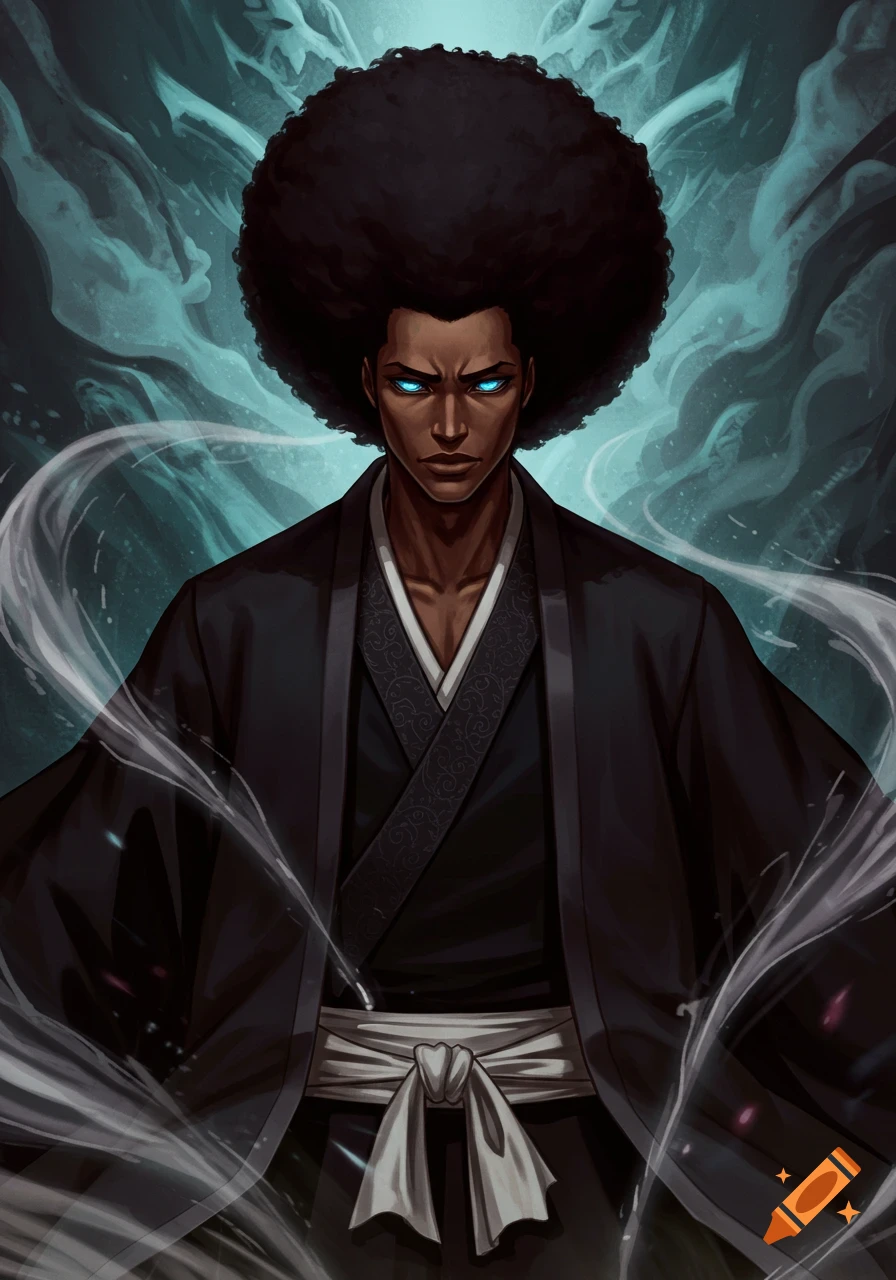 A dark-skinned man with a large afro and glowing blue eyes wears a black robe, wisps of white energy surround him against a teal mystical background in anime style.