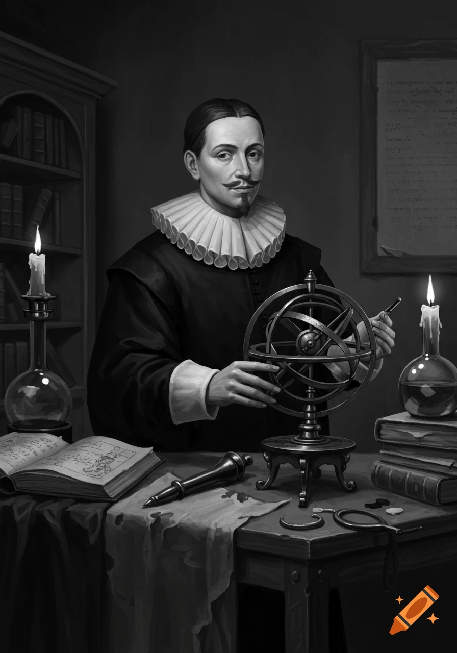 Black and white portrait of a 17th-century scientist in a ruffle collar holding an astrolabe, with books and instruments on a desk.
