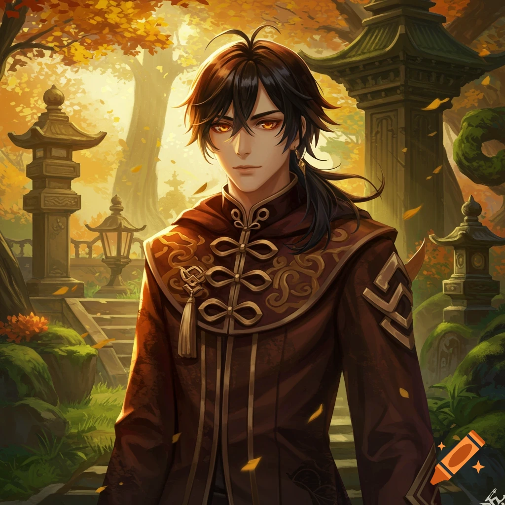 A handsome anime man with dark hair and glowing orange eyes in an ornate brown robe stands in an autumn East Asian garden with pagodas.