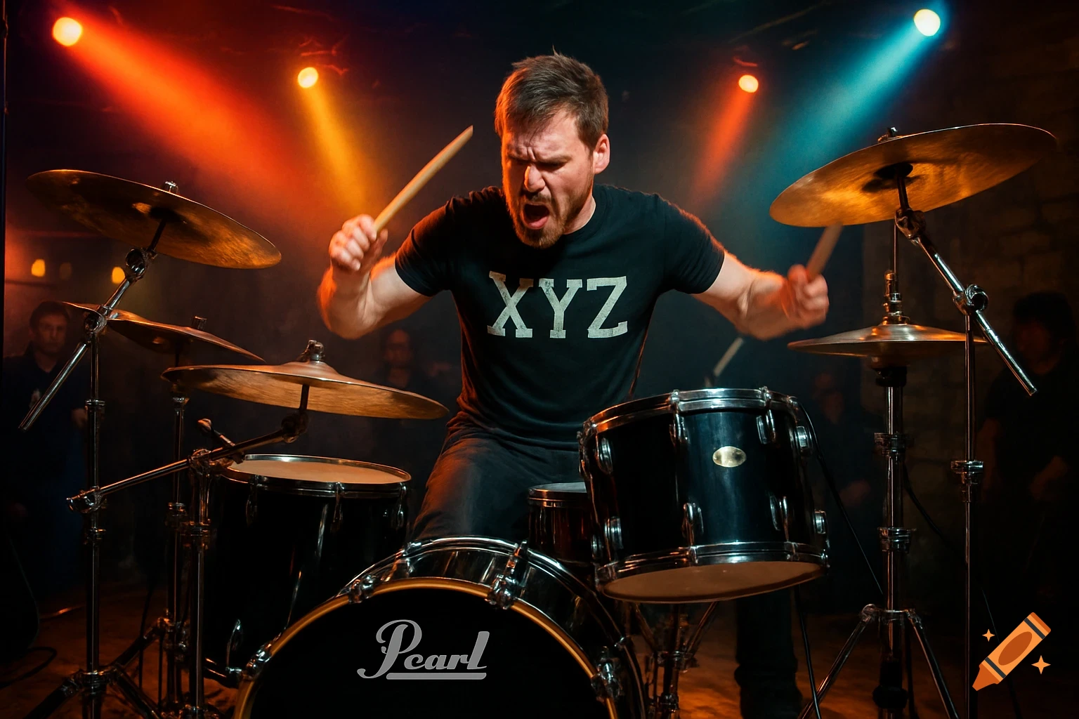 A male drummer intensely playing a Pearl drumset on a stage with red and blue spotlights, wearing a black 'XYZ' t-shirt.