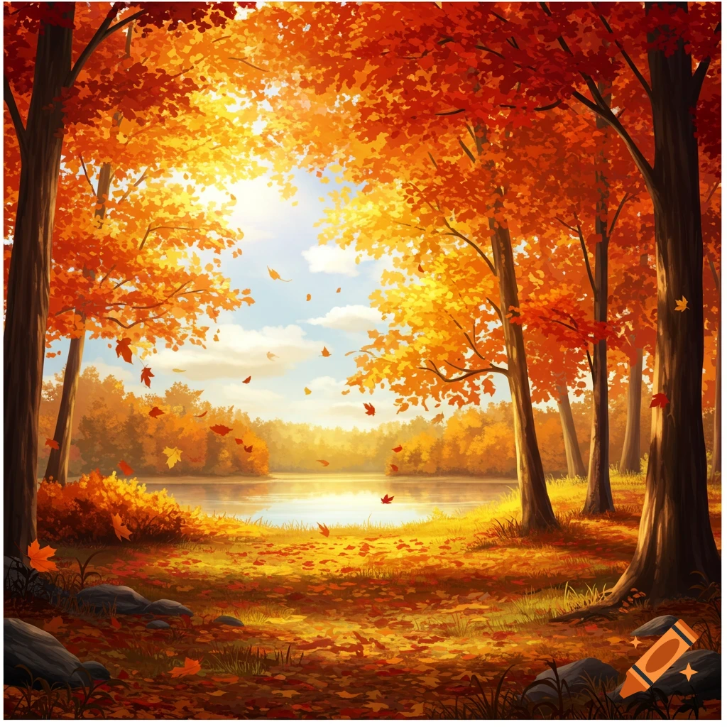 Vibrant autumn forest landscape with red and orange trees, fallen leaves on the ground, and a serene lake reflecting the bright sky.