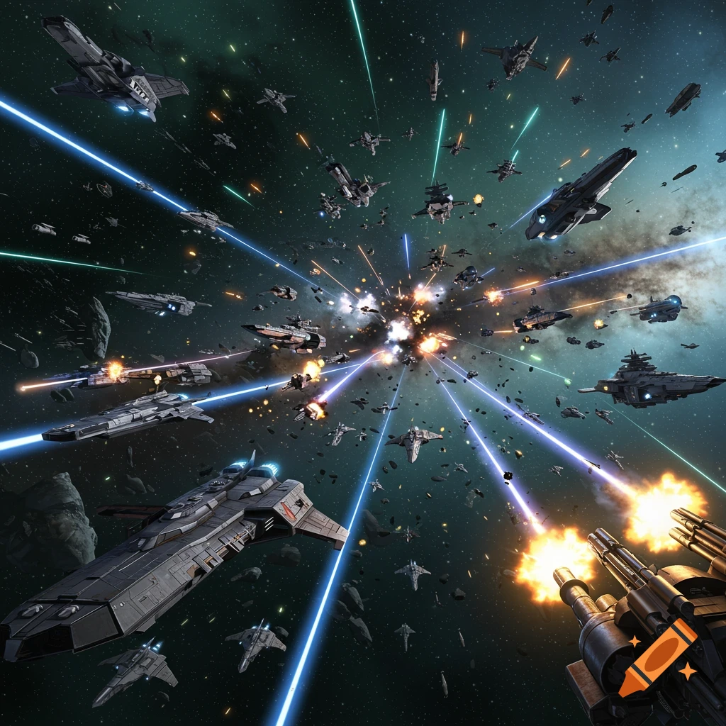 A chaotic space battle with hundreds of futuristic warships firing lasers and missiles amidst asteroids in a nebula.
