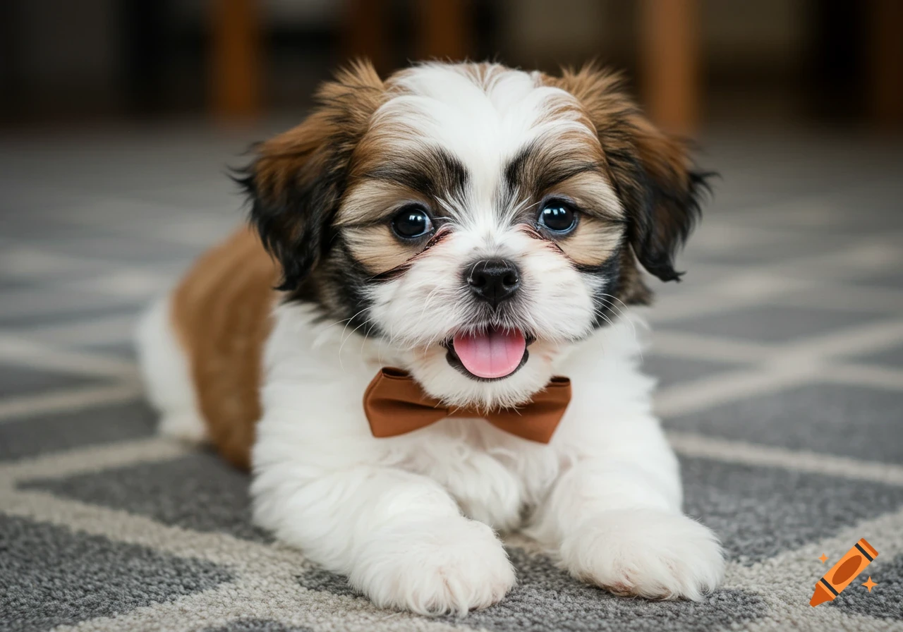 A cute Shih Tzu puppy with white and brown fur, wearing a brown bowtie, lies on a patterned carpet, looking at the camera.