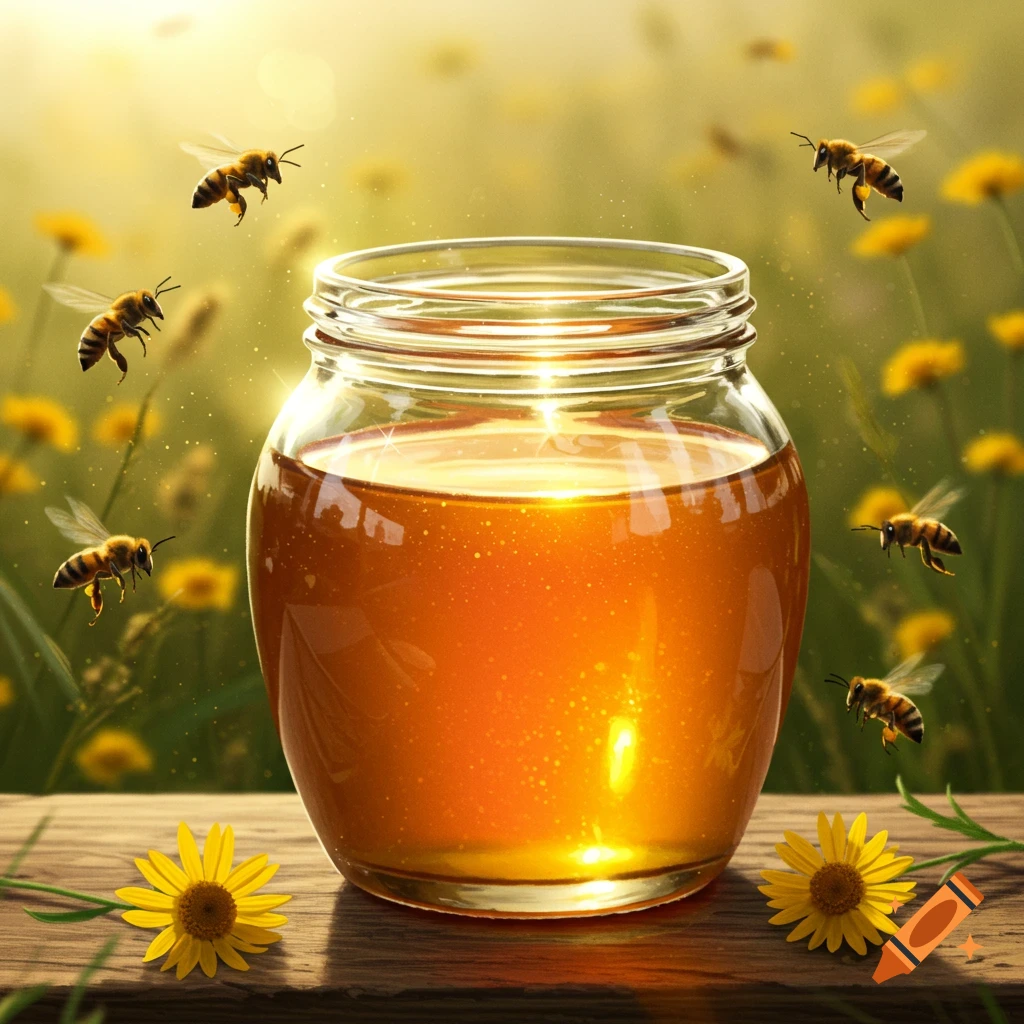 A photorealistic clear glass jar of golden honey on a wooden surface, surrounded by flying bees and yellow flowers in a sunny field.