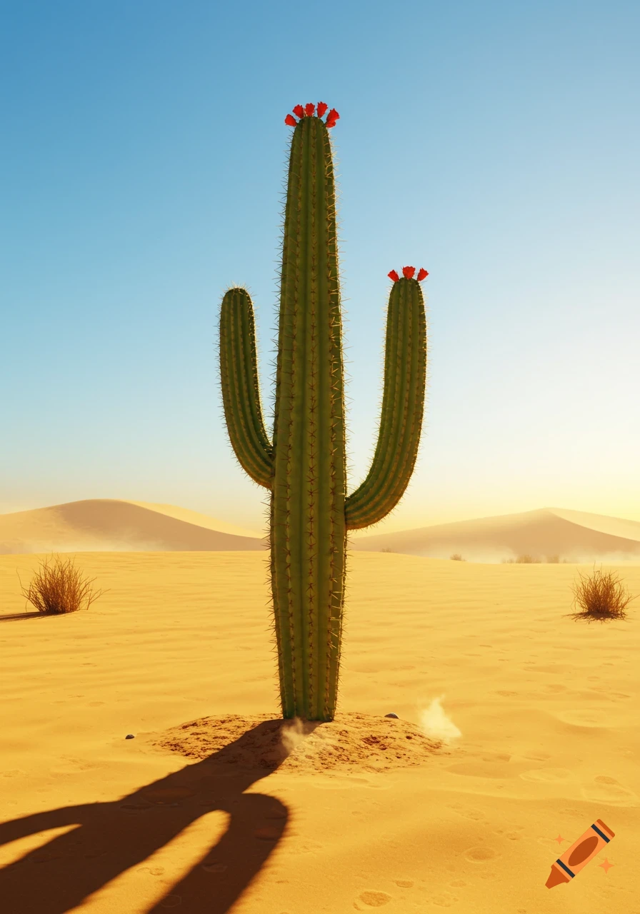 A tall saguaro cactus with red flowers stands in a vast sandy desert with dunes under a clear blue sky, bathed in warm sunlight.