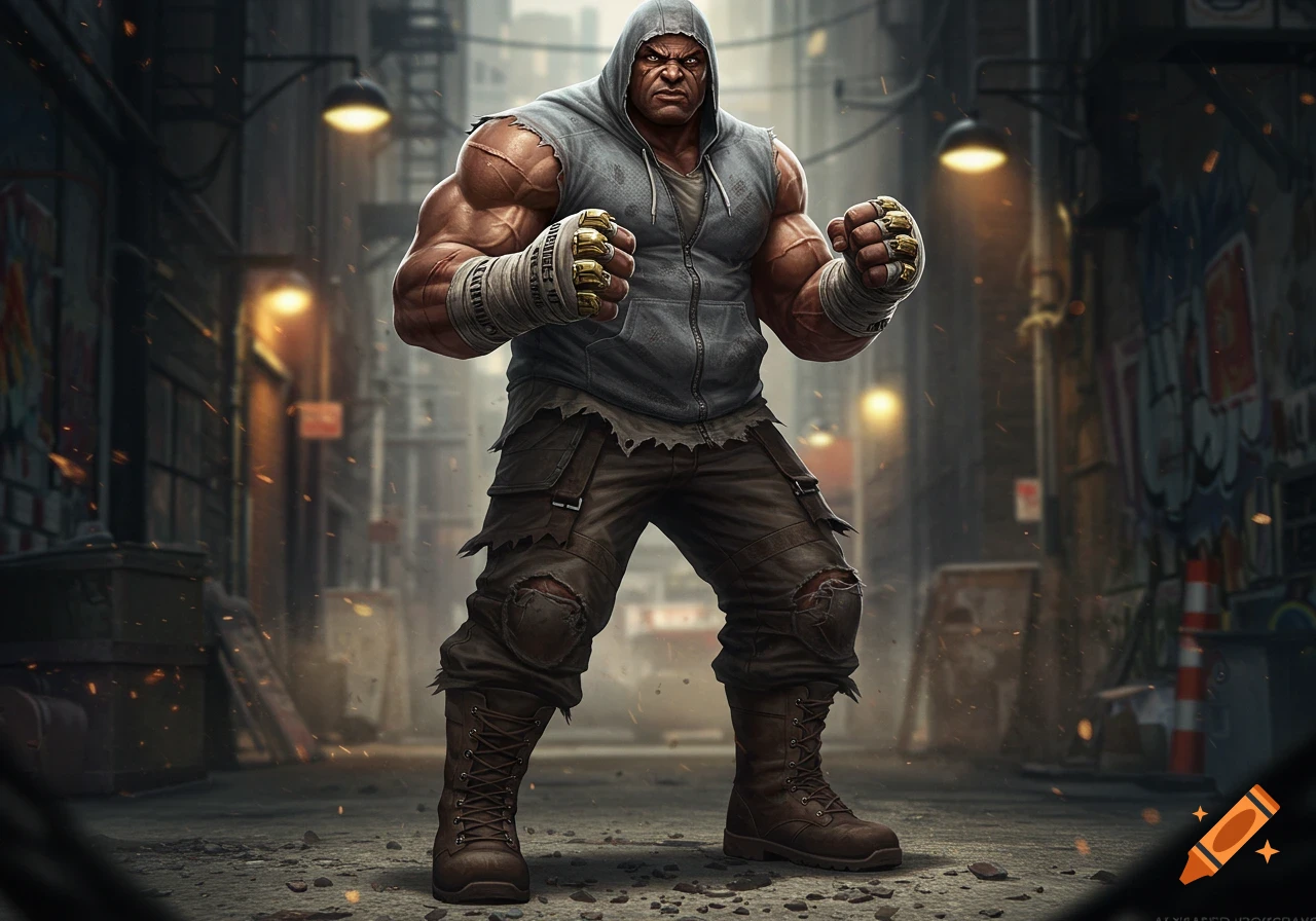 A heavily muscled, scowling fighter in a gray hoodie, hand-wraps, and torn pants stands ready to fight in a gritty alleyway, depicted in a comic art style.