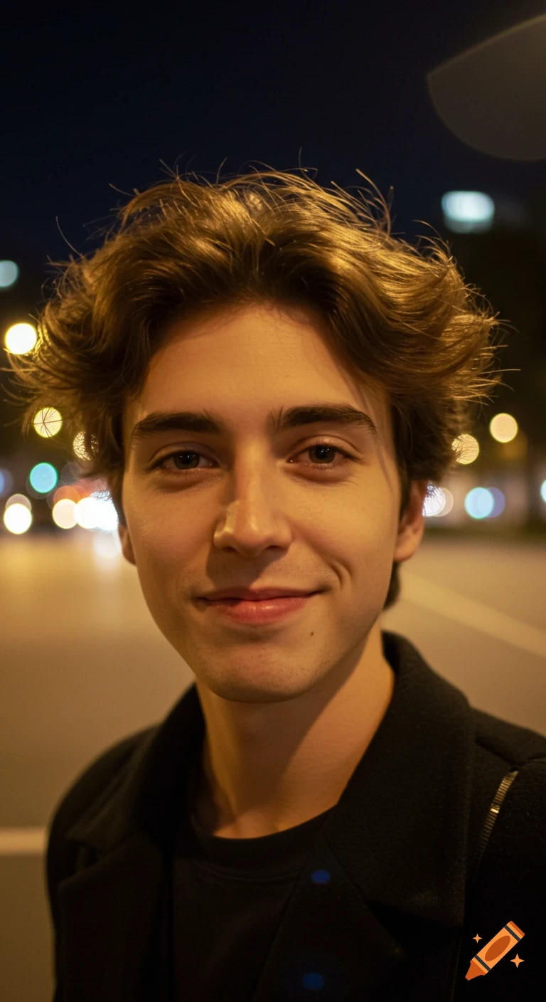 Close-up portrait of a young man smiling at night with blurred street lights in the background.