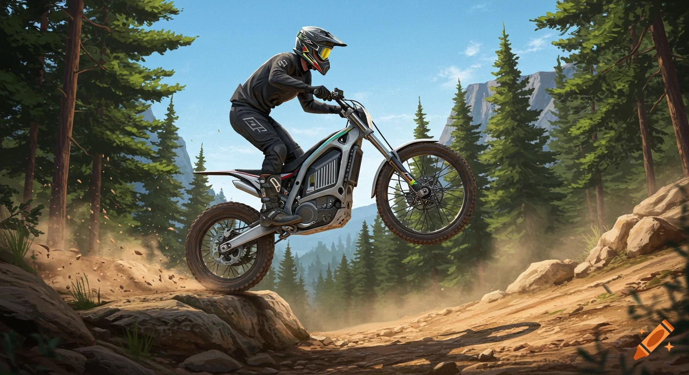 Rider on an electric trial motorcycle jumps over rocks on a dirt trail in a forest with mountains.