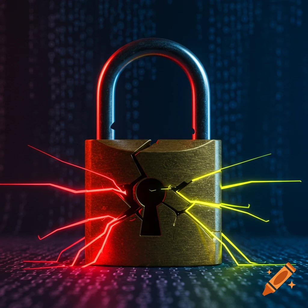 A cracked golden padlock with glowing red and yellow energy lines emanating from its keyhole, against a dark background with binary code.