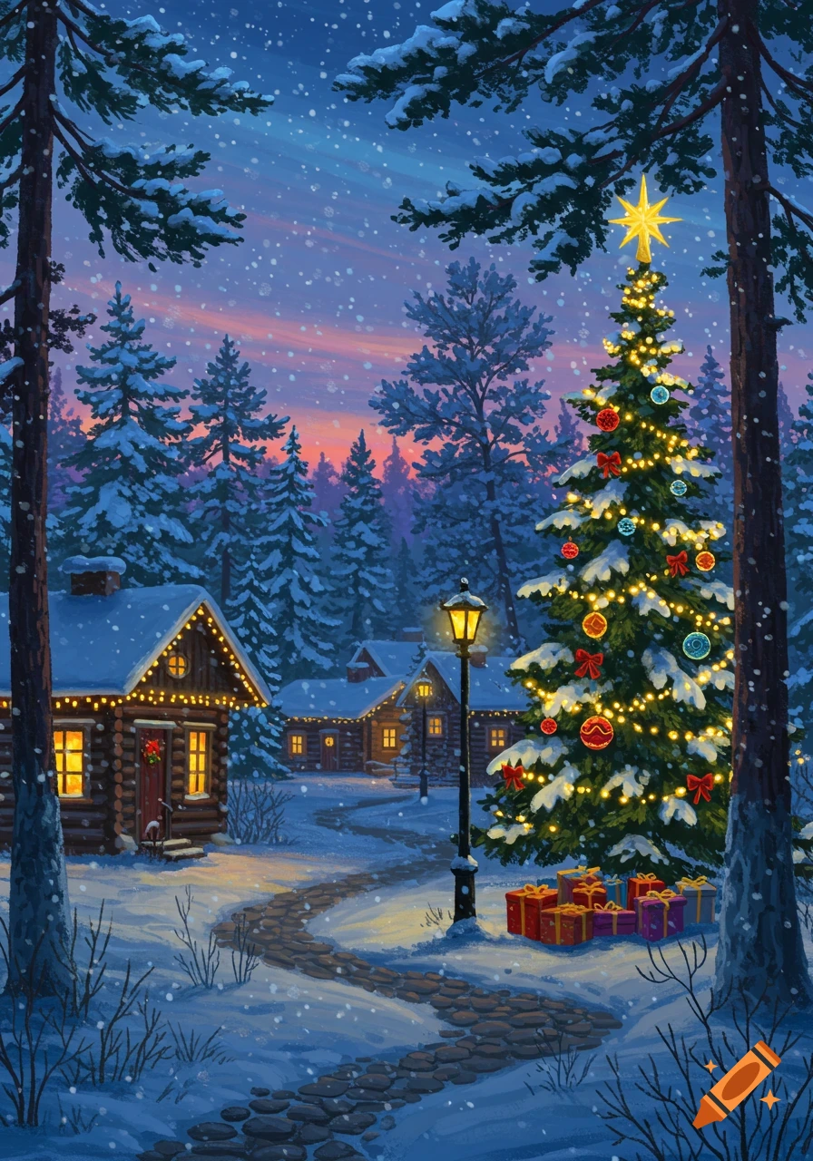 A charming illustration of a snowy Christmas wonderland with illuminated cabins, a decorated tree, and falling snow at dusk.