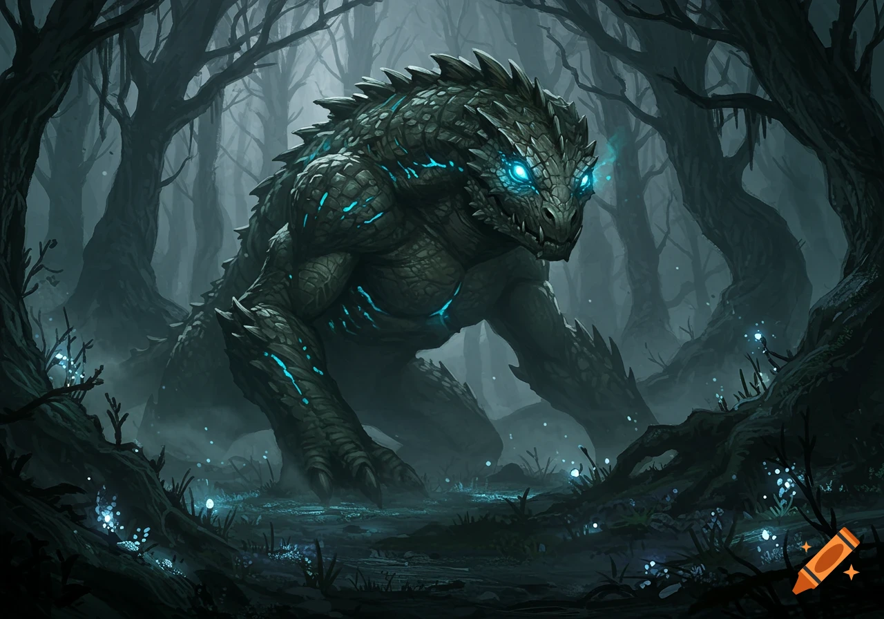 A large, scaly, dark green monster with glowing blue eyes and bioluminescent markings stands in a dark, misty forest.