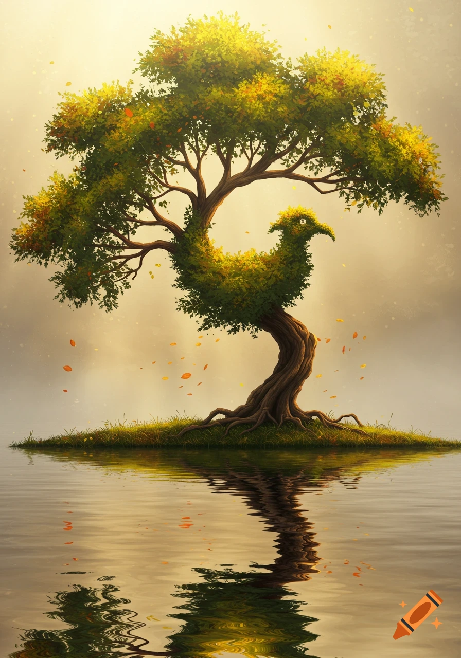 An artistic tree shaped like a Sankofa bird on a grassy island in still water, with warm light and falling autumn leaves.