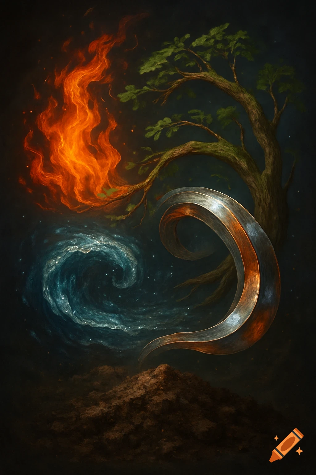 Stylized art of fire, a tree, swirling water, a metallic curve, and an earth mound against a dark background.