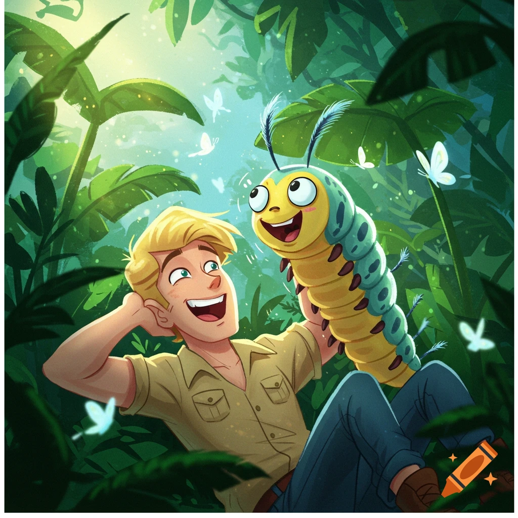 A happy cartoon man in a jungle looks up laughing at a large, friendly caterpillar tickling his arm. Lush green leaves surround them.