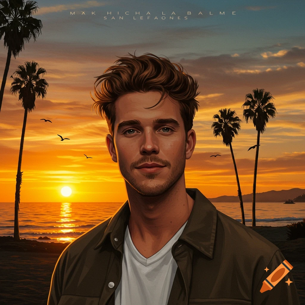 Digital art portrait of a man with brown hair and light eyes, wearing a white t-shirt and green shirt, against a vibrant sunset beach with palm trees.