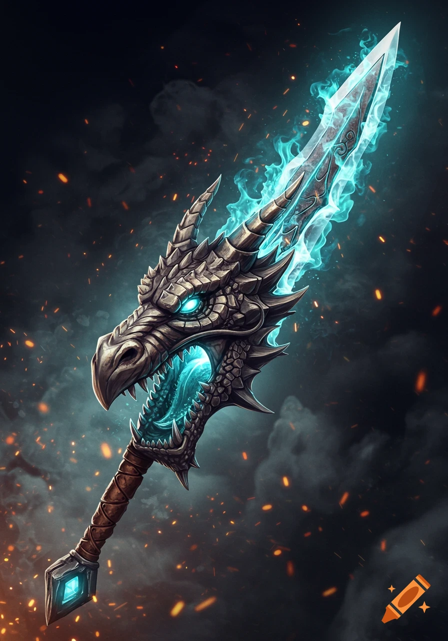 A vibrant fantasy sword with a dragon head hilt, glowing blue energy on its blade, set against a dark, smoky background.