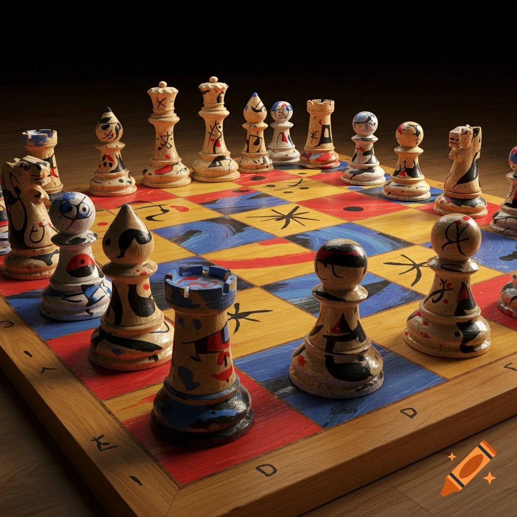 A wooden chess set with pieces and board painted in the vibrant, abstract style of Joan Miro.