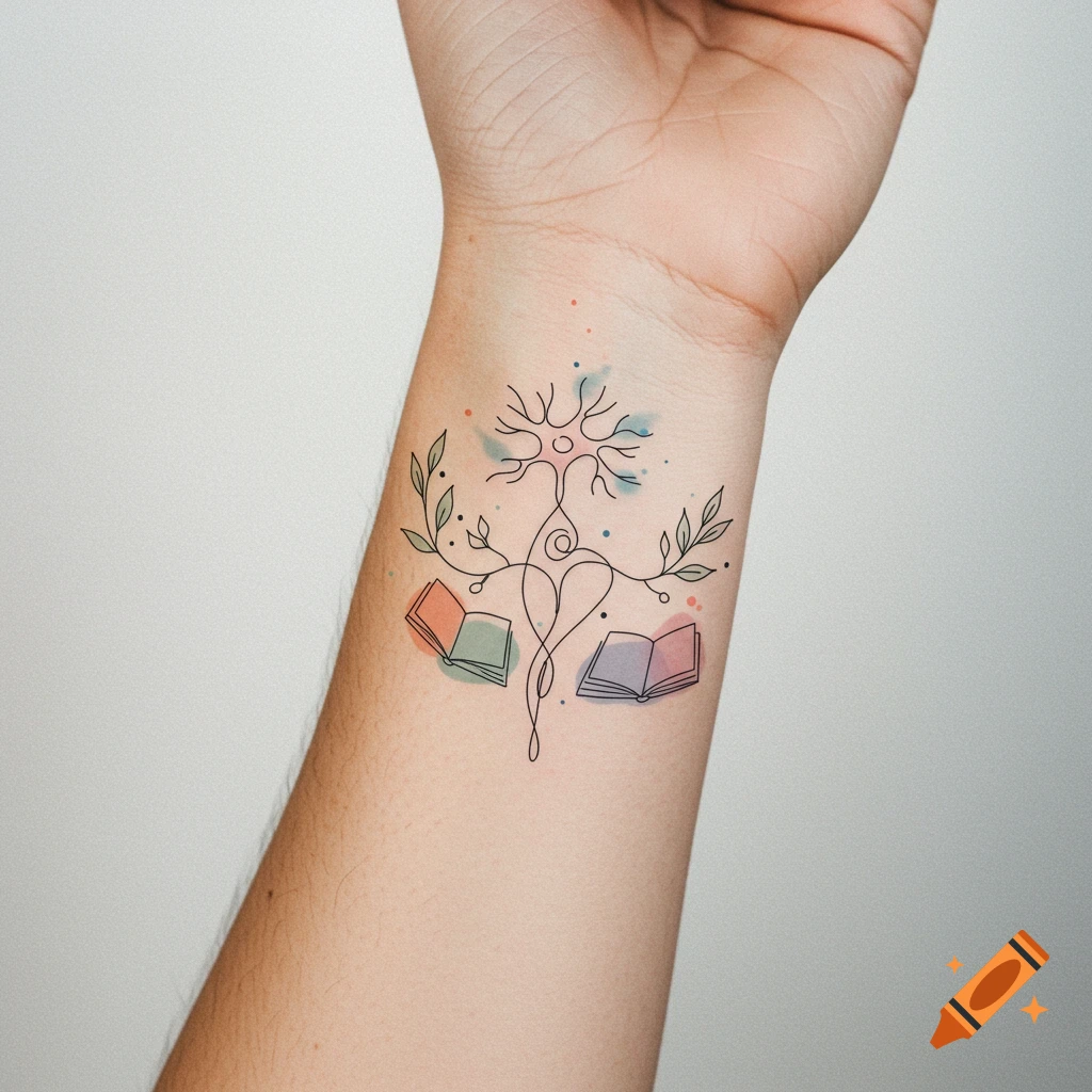 A delicate line art tattoo on a wrist, depicting a stylized neuron/tree with leaves, colorful watercolor splashes, and two open books.