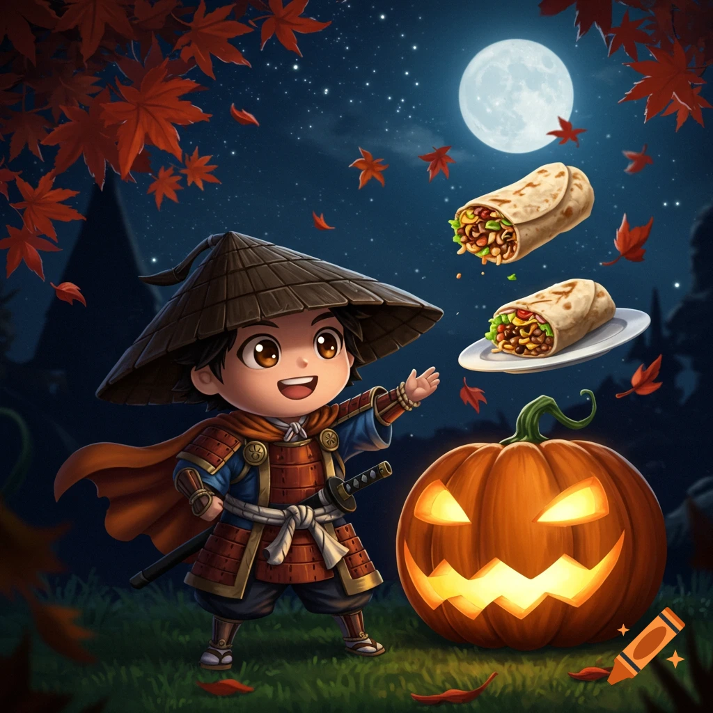 Chibi samurai reaching for burritos next to a glowing jack-o-lantern under a full moon with falling leaves.